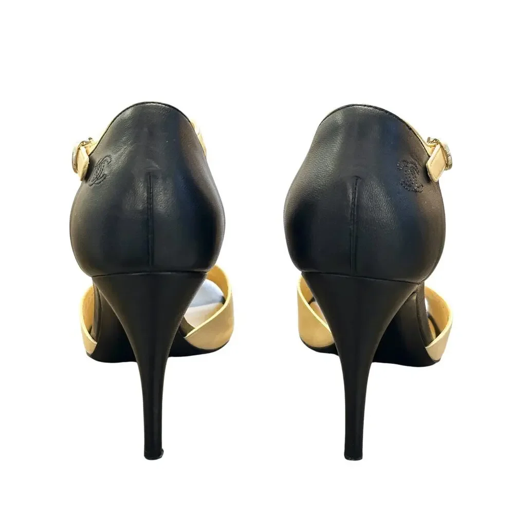 CHANEL Beige & Black Lambskin Open Toe Ankle Strap Heels Pumps Size 37.5